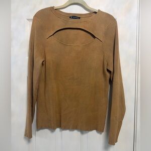 INC International Concepts Camel Ribbed Long-Sleeve Top with Front Cutout